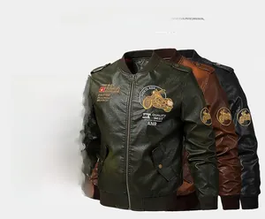 Detailed embroidery on durable PU leather bomber jackets in army green, brown, and black