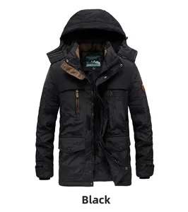 Detail view of men's black winter parka showing warm fleece lining and windproof fabric