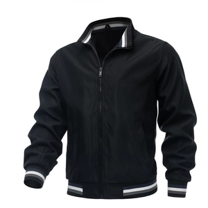 Detail of black windbreaker jacket with blue and white striped ribbed cuffs and collar