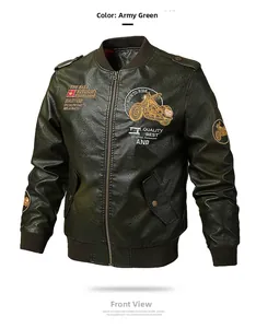 Detail of army green PU leather biker jacket featuring vintage embroidery and ribbed cuffs