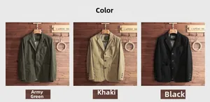 Mens casual blazer jackets in army green, khaki and black colors on wooden background