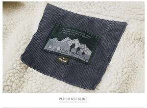 Close-up of plush white shearling collar and corduroy fabric on a men's winter jacket