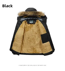 Detail of black hooded winter parka with thick brown faux fur trim and fleece lining