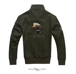 Detail of the army green bomber jacket back featuring eagle embroidery and ribbed hem