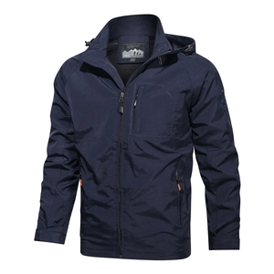 Men's deep blue hooded outdoor windbreaker jacket with multiple zippered pockets