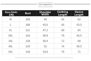 Size chart for men's PU leather biker jacket with measurements from M to 5XL in centimeters
