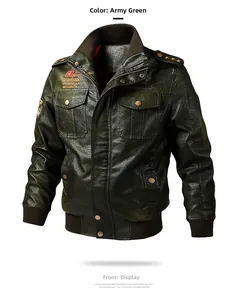 Dettaglio della giacca in pelle PU verde militare con toppe e colletto alla coreana