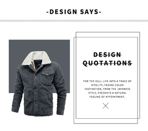 Detailed close-up of dark grey corduroy jacket with thick white sherpa fleece collar