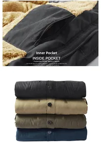 Detail of internal zipper pocket and thick sherpa lining on men's winter cotton jacket