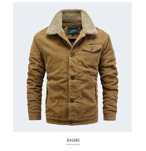 Close-up of khaki corduroy jacket with soft faux fur collar and textured button details