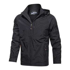 Men's black hooded outdoor windbreaker with orange zipper accents and water-resistant fabric