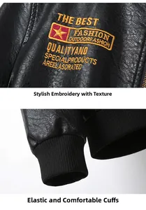 Close-up of black PU leather jacket featuring yellow embroidery and elastic ribbed cuffs