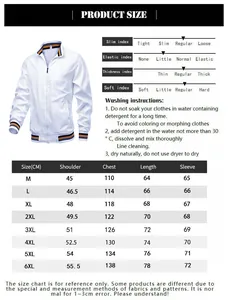 Detailed size chart and washing guide for men's casual lightweight sports jacket