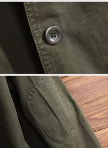 Detail of dark olive cotton twill jacket showing reinforced elbow patches and buttons