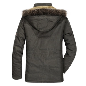 Detailed back view of men's winter hooded parka with plush faux fur trim and adjustable waist