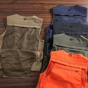Multi-color view of functional outdoor mesh vests in khaki, navy, grey, green, and orange