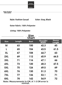 Detailed size chart for men's casual jacket showing dimensions from M to 8XL in CM
