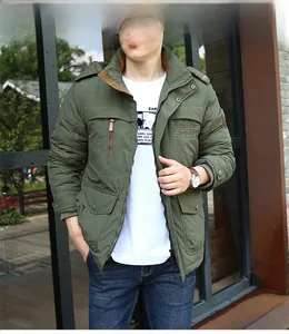 Army green winter parka for men with fleece lining and adjustable hood detail