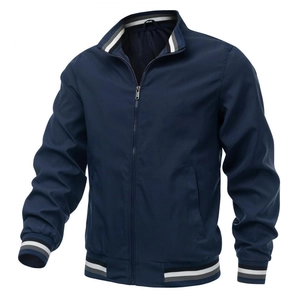Detail of navy blue bomber jacket showing striped ribbed collar and zipper closure