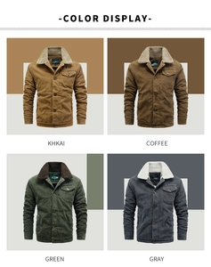 Detailed color display of men's corduroy jackets with faux fur collar in four colors