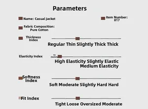 Detailed parameter chart for men's cotton jacket showing thickness and fabric attributes