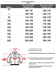 Detailed size guide table for middle-aged men's jacket from size M to 8XL plus dimensions