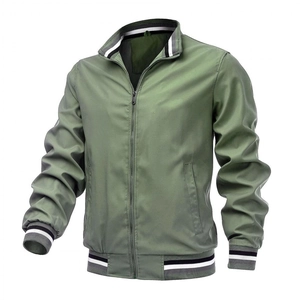 Close-up of light green casual jacket with striped rib-knit collar and cuffs