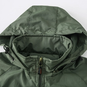 Detail view of olive green hooded windbreaker with sports zipper and breathable mesh lining