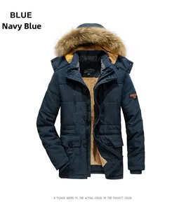 Detail view of navy blue hooded parka with thick fur collar and windproof fabric