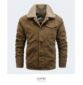 Detail of coffee corduroy jacket featuring a warm sherpa collar and flap pocket