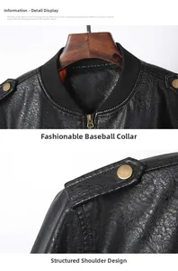 Detail of black PU motorcycle jacket featuring ribbed collar, metal zipper and epaulets