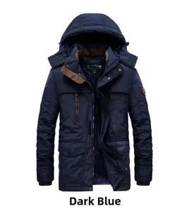 Detail of dark blue winter parka with fleece lining and corduroy collar accent