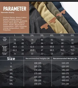 Detailed size chart for men's winter thick cotton coat including length and shoulder width