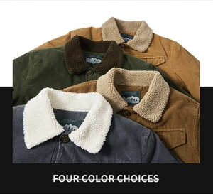Close-up of four colors of corduroy jackets with sherpa collars and button details