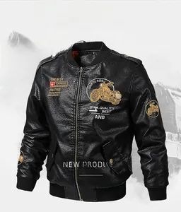 Detail of vintage motorcycle embroidery on black PU leather bomber jacket sleeve