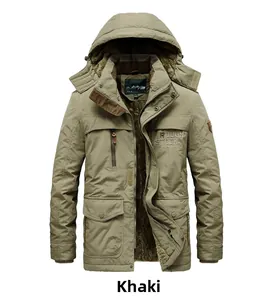 Detail of khaki men's thick parka with warm brown sherpa lining and embroidery
