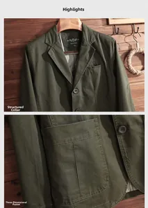 Detailed view of olive green casual jacket featuring sharp lapel and 3D patch pockets