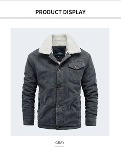 Close-up of men's gray corduroy jacket with thick white sherpa collar detail