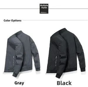 Detail view of ribbed cuffs and zippered pockets on gray and black bomber jackets