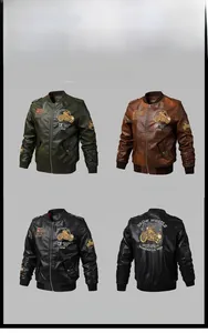 Detailed views of men's faux leather biker jackets with vintage embroidery patches