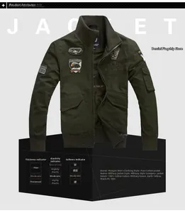 Close-up of military bomber jacket showing 100% cotton fabric and embroidered patches