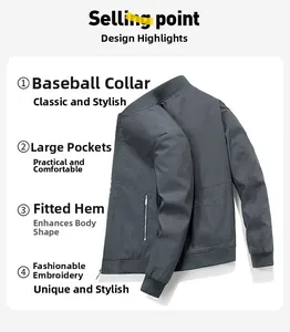 Detailansicht der grauen Herrenjacke mit Baseballkragen und gesticktem Schriftzug Motiv