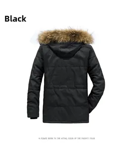 Detail view of the plush brown fur hood and quilted texture of a men's winter parka jacket