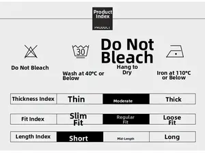 Sizing and care guide for men's casual jacket showing fit and washing instructions