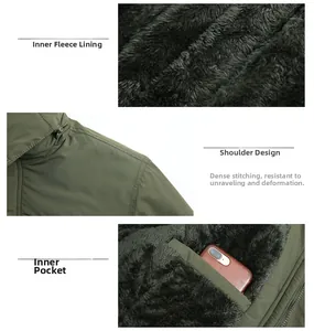 Close-up of military green jacket featuring warm black faux fur lining and inner pocket