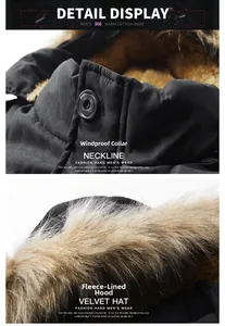 Detail of men's winter parka showing windproof collar and plush fleece hood with fur trim