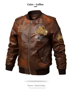 Coffee brown PU leather motorcycle jacket featuring vintage embroidery and baseball collar