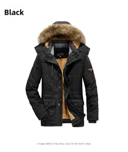 Detail of men winter parka featuring thick brown fleece lining and black windproof fabric