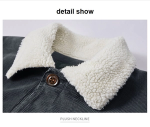 Close-up of corduroy jacket featuring a plush white fleece collar and textured button