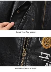 Detail view of smooth metal zipper and flap pocket with button on faux leather jacket